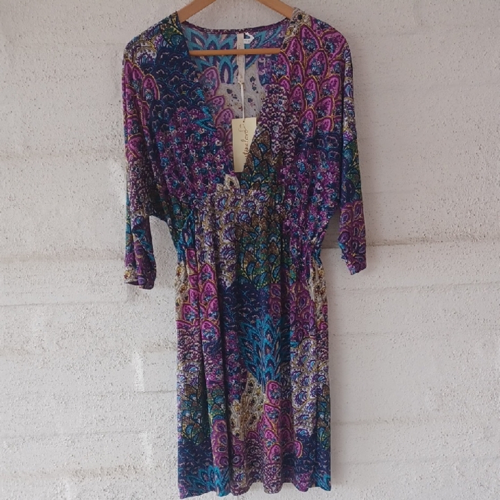Cristinalove 2X Paisley Peacock Dress, Deep V-neck, 3/4 Sleeve, Stretchy, New